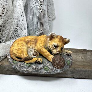 Lion/Tiger Cub w/ Turtle Porcelain Figurine Homco 1985